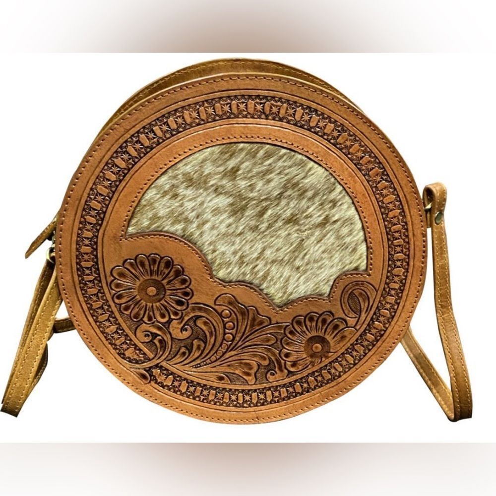 Klassy Cowgirl Medium Leather round Crossbody Bag with cowhide inlay